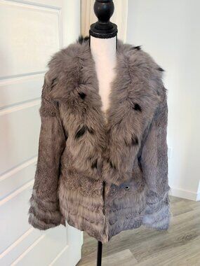 Vintage Real Rabbit Fur Jacket Fox Fur Collar Gray NWT Mobwife L-XL